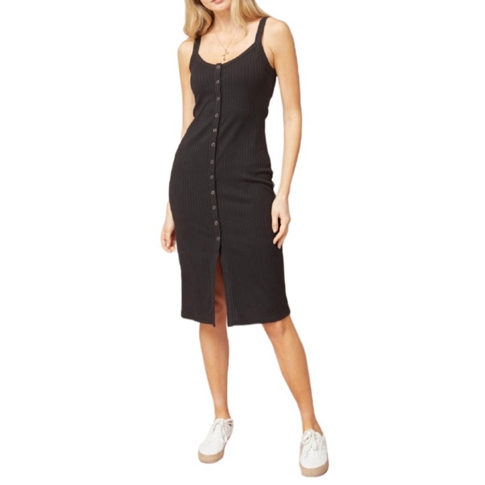 Entro Ribbed Black Button-Front Midi Dress